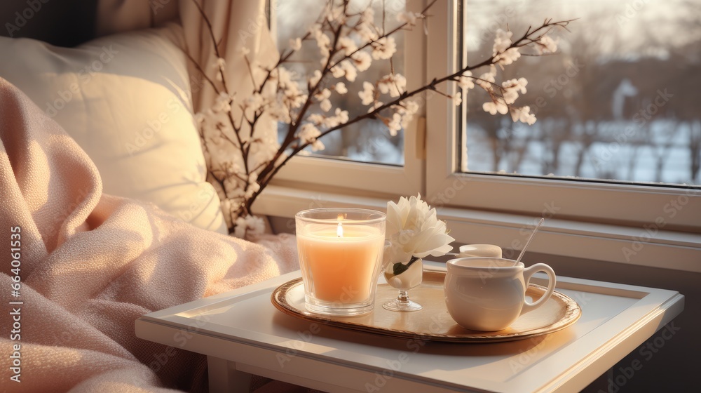Obraz premium Elegantly decorated window sill with a glass of coffee and a white blanket.