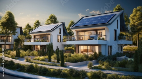 Modern house villa with solar panels.