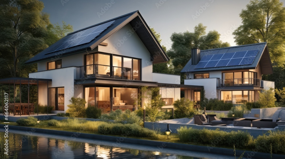 Modern house villa with solar panels.