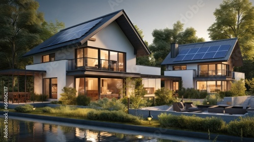 Modern house villa with solar panels. © visoot