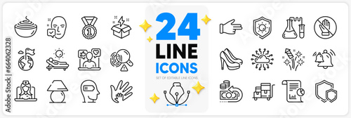 Icons set of Creative idea, Social responsibility and Fireworks rocket line icons pack for app with Bell, Telemedicine, Pasta thin outline icon. Corrupt, Click hand, Chemistry lab pictogram. Vector