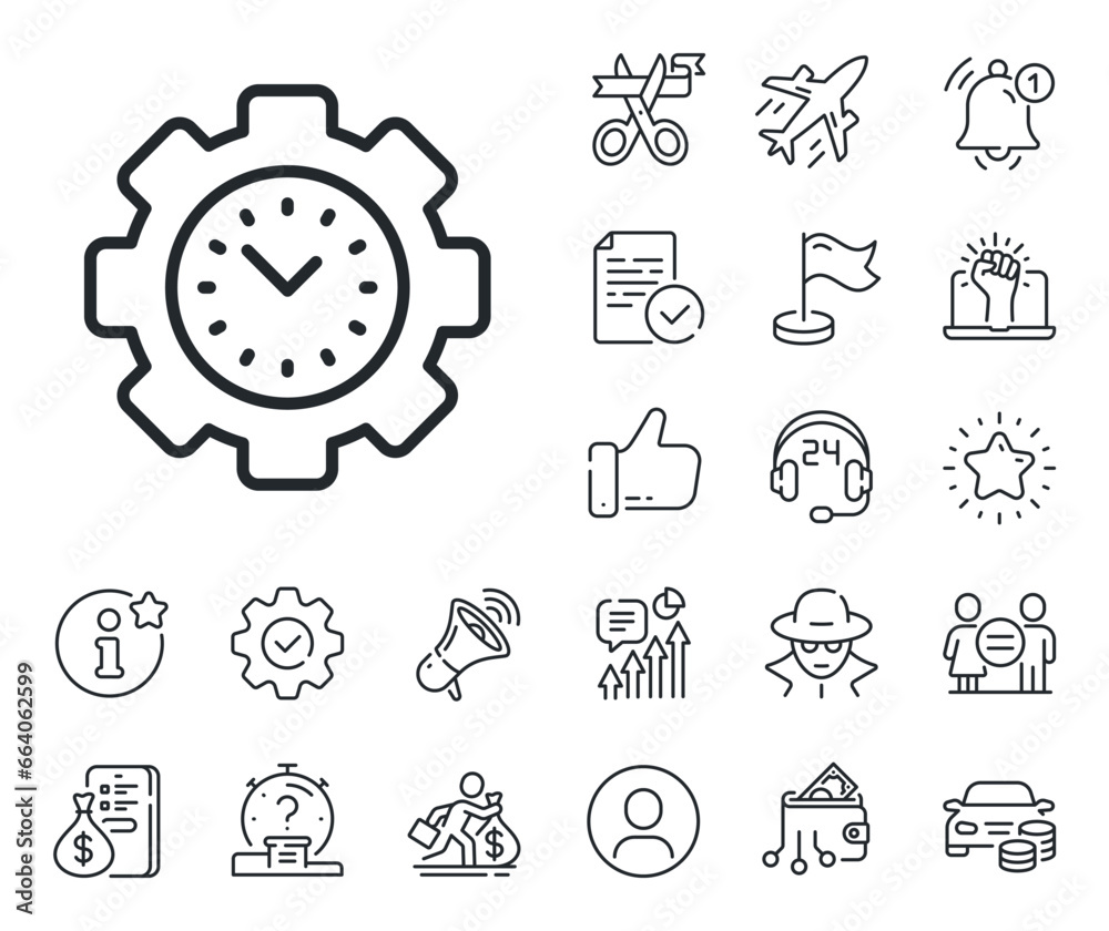 Clock sign. Salaryman, gender equality and alert bell outline icons. Time management line icon. Gear symbol. Time management line sign. Spy or profile placeholder icon. Online support, strike. Vector Clock sign. Salaryman, gender equality and alert bell outline icons. Time management line icon. Gear symbol. Time management line sign. Spy or profile placeholder icon. Online support, strike. Vector
