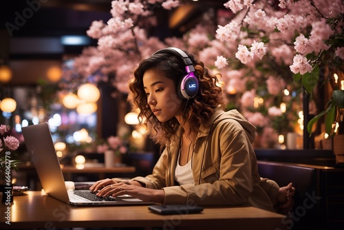 Female student working on laptop with headphones in a cafe