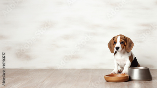 Beagle dog and bowl, background with copy space