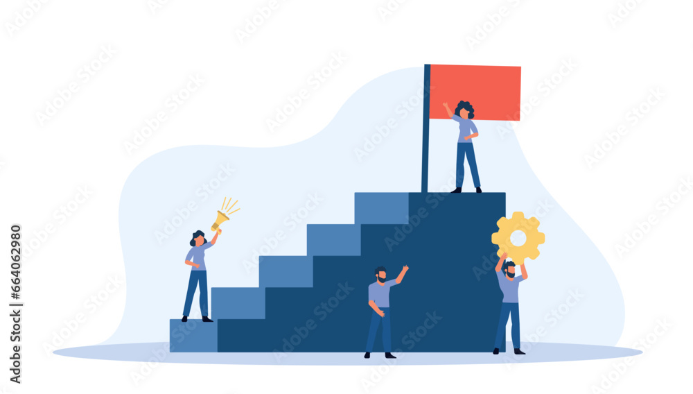 Group of diverse people stand on a staircase, holding gears and a red flag. They are all smiling and looking up at the sky, symbolizing teamwork, unity, and progress. Vector illustration Group of diverse people stand on a staircase, holding gears and a red flag. They are all smiling and looking up at the sky, symbolizing teamwork, unity, and progress. Vector illustration
