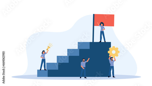 Group of diverse people stand on a staircase, holding gears and a red flag. They are all smiling and looking up at the sky, symbolizing teamwork, unity, and progress. Vector illustration