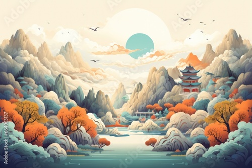 Illustration of landscape of Guilin, Li River and Karst mountains, China. Generative ai