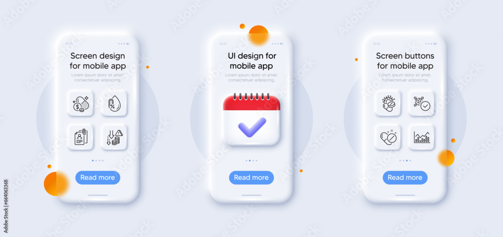 Qr code, Infochart and Interview documents line icons pack. 3d phone mockups with calendar. Glass smartphone screen. No alcohol, Deflation, Medical pills web icon. Vector Qr code, Infochart and Interview documents line icons pack. 3d phone mockups with calendar. Glass smartphone screen. No alcohol, Deflation, Medical pills web icon. Vector