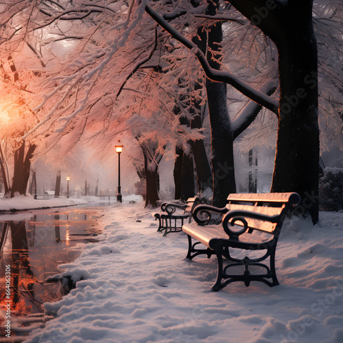 Winter Wonderland, Serene Beauty of a Park Blanketed in Snow