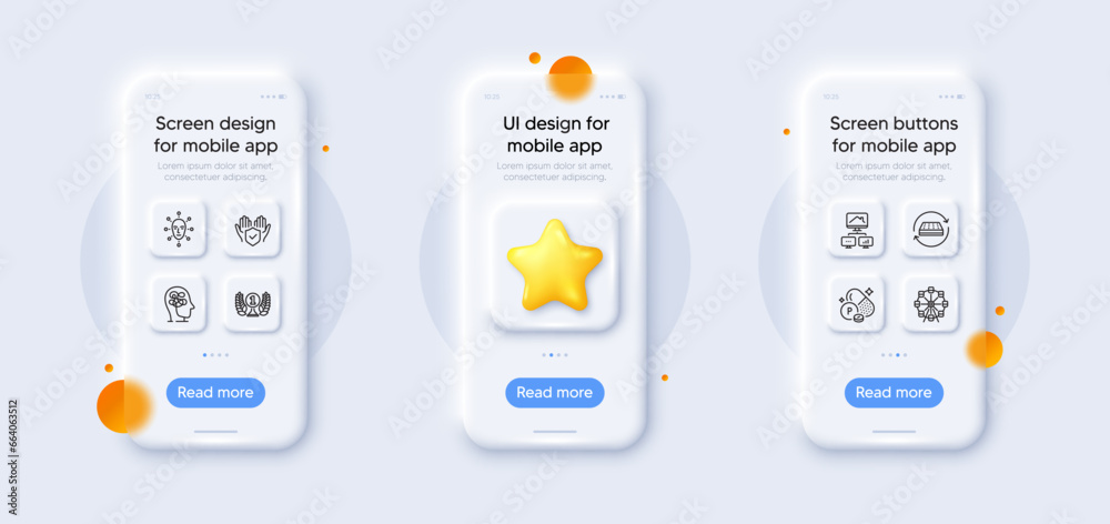 Ferris wheel, Work home and Phosphorus mineral line icons pack. 3d phone mockups with star. Glass smartphone screen. Face biometrics, Mattress, Insurance hand web icon. Vector