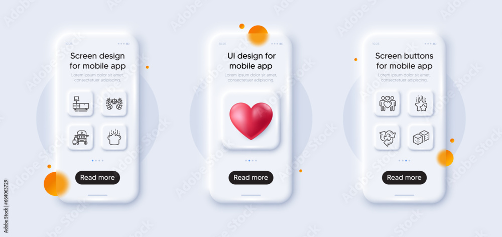 Dresser, Ranking stars and Love couple line icons pack. 3d phone mockups with heart. Glass smartphone screen. Cooking hat, Gas grill, Dice web icon. Recycle, Justice scales pictogram. Vector Dresser, Ranking stars and Love couple line icons pack. 3d phone mockups with heart. Glass smartphone screen. Cooking hat, Gas grill, Dice web icon. Recycle, Justice scales pictogram. Vector
