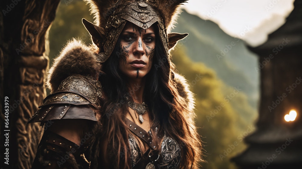 Portrait of an orc woman Druid in studded leather and fur armor, a cinematic fantasy character in a magical outdoor outpost..