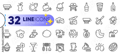 Outline set of Potato chips, Supply chain and Cashew nut line icons for web with Cake, Food delivery, Cooking whisk thin icon. Ice tea, Ice cream, Market pictogram icon. Water drop. Vector