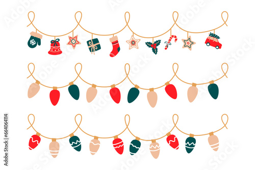 Christmas lights set. Garlands with colored bulbs. Xmas festive string decoration with hanging toys - mistletoe, bell, car, glove, sock, gift box. Vector illustration on white background.