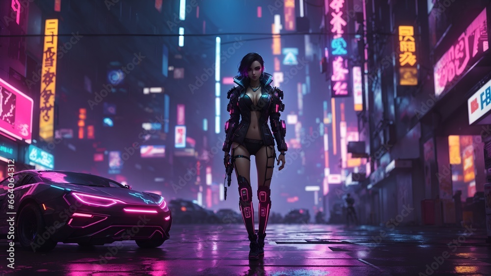 3D illustration of science fiction female humanoid cyborg lost in futuristic neon lit cyberpunk city. Artificial intelligence concept.