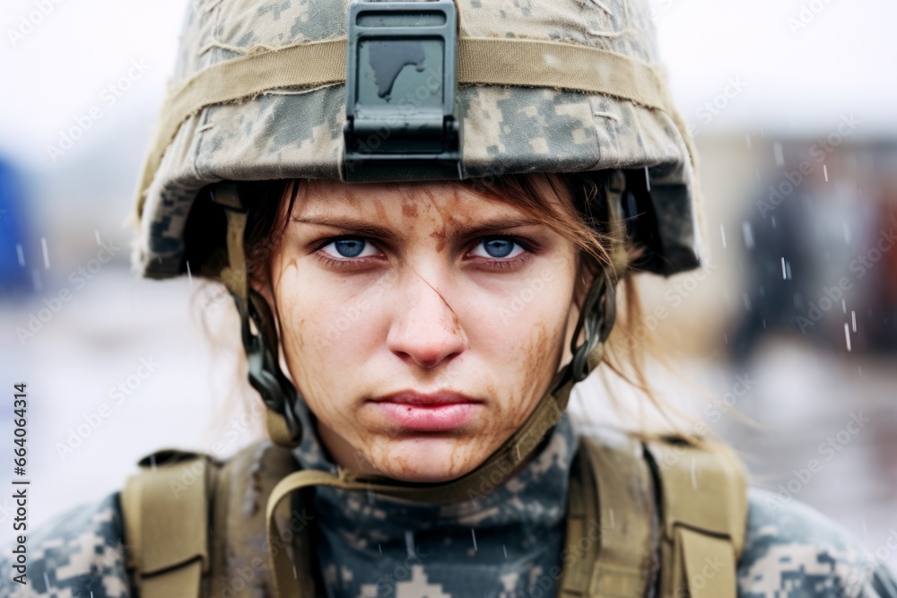 portrait of a girl soldier in a helmet standing in the rain