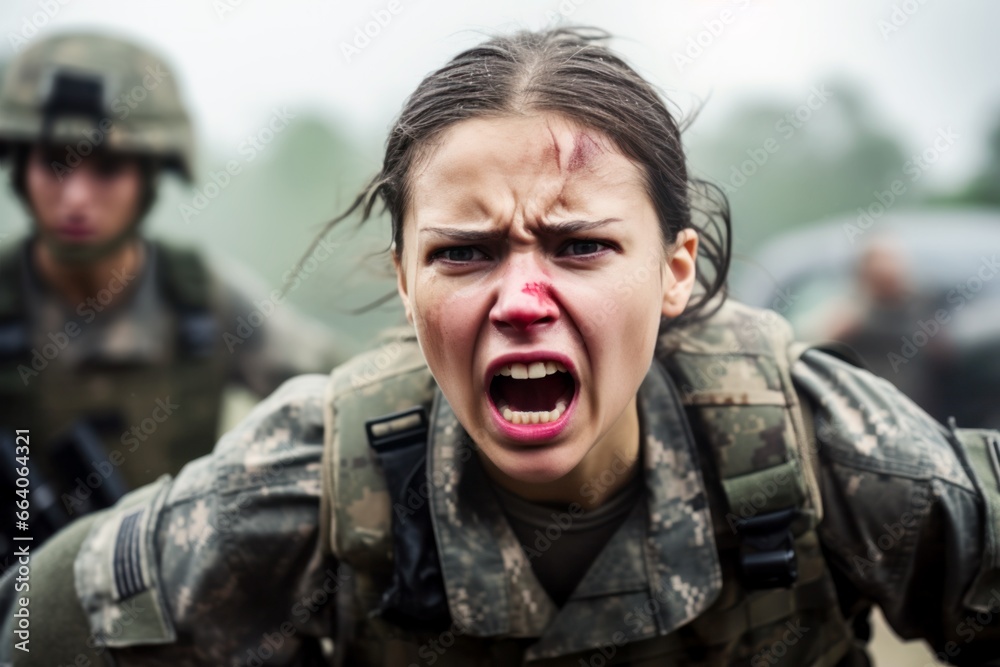 woman soldier screaming at war close up portrait