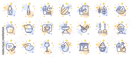 Outline set of Juice, Chat bubble and Cooking cutlery line icons for web app. Include Coffee, Milk jug, Food app pictogram icons. Cooking hat, Salad, Potato signs. Gluten free, Champagne. Vector