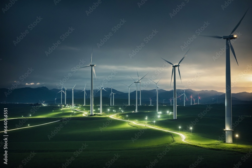 Wind turbines and solar panels generate electricity in a green energy power station