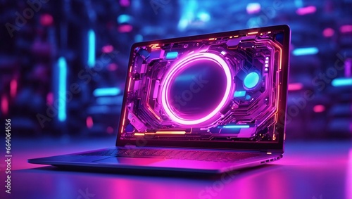Close up of laptop on desktop with creative glowing metaverse. Colorful Cyberpunk metaverse city background © maikuto