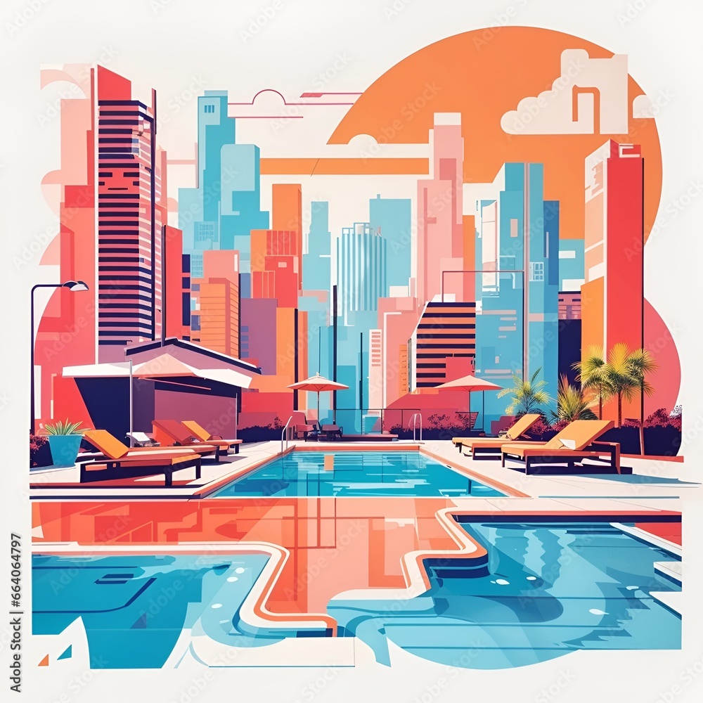 Swimming pool and City Background. Japanese anime pop style, Citypop