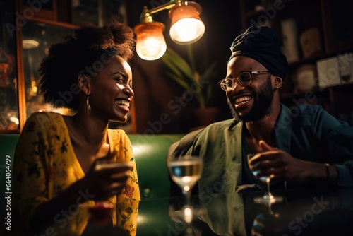 Laughing couple drinking wine at a bar