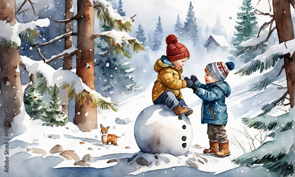 Fototapeta premium Kinder bauen einen Schneemann im Winterwald, gen ai 