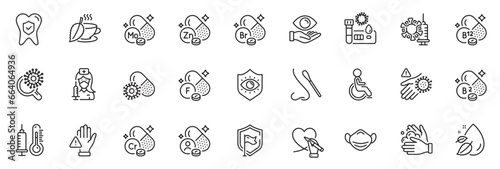 Icons pack as Vaccination, Social care and Medical mask line icons for app include Coronavirus vaccine, Molybdenum mineral, Mint tea outline thin icon web set. Cobalamin vitamin, Vitamin. Vector