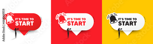 It is time to start tag. Speech bubbles with bell and woman silhouette. Special offer sign. Advertising discounts symbol. Time to start chat speech message. Woman with megaphone. Vector