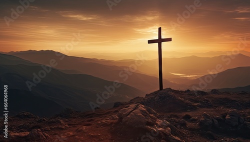 christ cross at sunset over mountainous area Generative AI