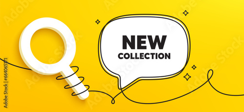 New collection tag. Continuous line chat banner. New fashion arrival sign. Advertising offer symbol. New collection speech bubble message. Wrapped 3d search icon. Vector