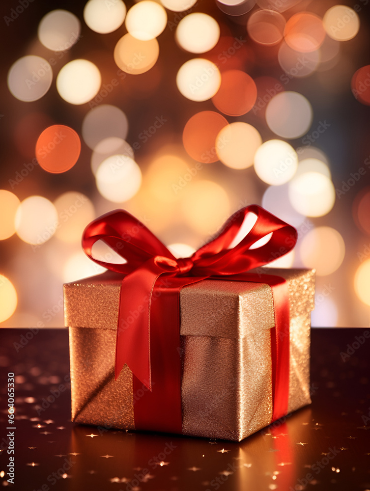 Golden gift box present on table with blurred lights background Golden gift box present on table with blurred lights background