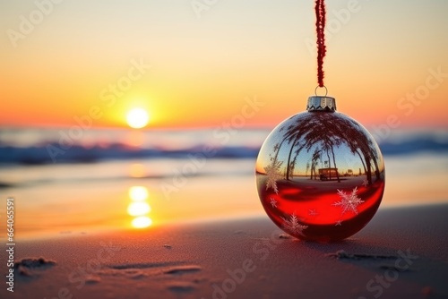 Christmas tree glass ball at sunset on tropical beach © Оксана Олейник