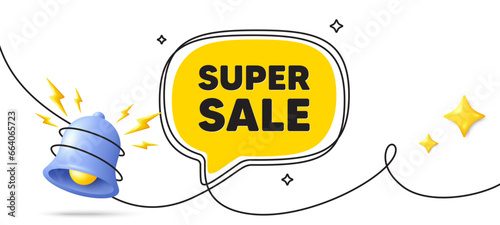 Super Sale tag. Continuous line art banner. Special offer price sign. Advertising Discounts symbol. Super sale speech bubble background. Wrapped 3d bell icon. Vector