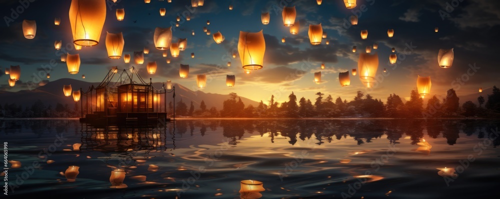 A large group of sky lanterns flying against the backdrop of a beautiful sky over the water
