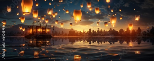A large group of sky lanterns flying against the backdrop of a beautiful sky over the water © Alina Zavhorodnii