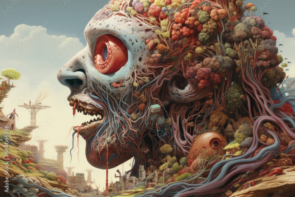 Surreal artwork featuring a human head adorned with fantastical growths. Symbolizing psychology and fears Surreal artwork featuring a human head adorned with fantastical growths. Symbolizing psychology and fears