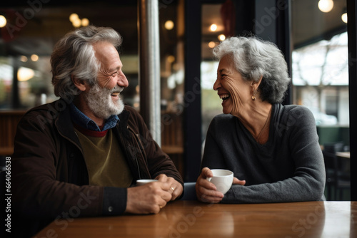 Happy couple of elderly man and woman laughing and looking at each other in a cafe at a table