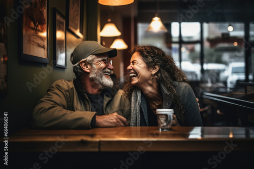 Happy couple of elderly man and woman laughing and looking at each other in a cafe at a table