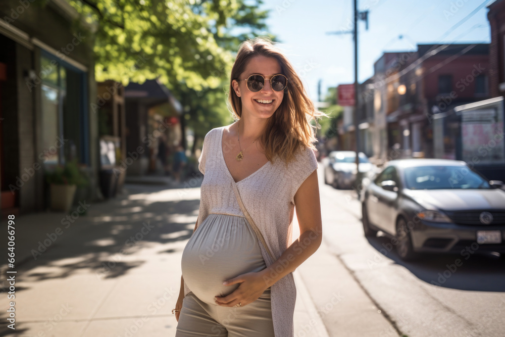 A city's sunny atmosphere complements the serene expression of a young expectant woman, embracing the wonders of pregnancy