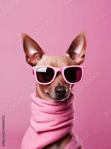Dog in a pink scarf and pink glasses