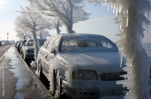 Cars and trees covered with ice, Freezing rain, Frost
