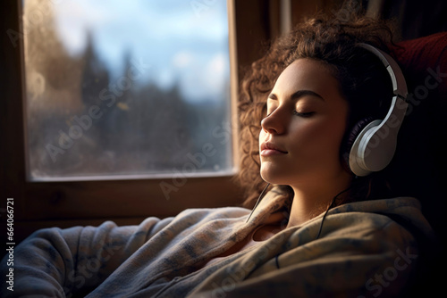 Bathed in the twilight, a young lady wearing headphones lies by the window, engrossed in melodies. Evening bliss