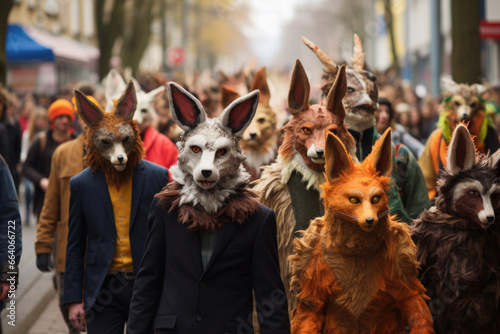 Crowd of individuals wearing animal outfits marching down the city streets