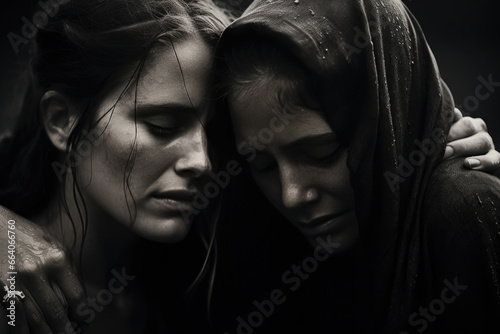 A heartfelt portrait capturing two women embracing, conveying a deep sense of solace and emotional connection between them © Konstiantyn Zapylaie