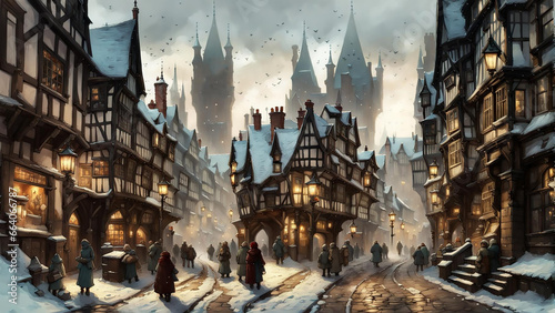 painting of a winter scene with a traditional old-fashioned engl