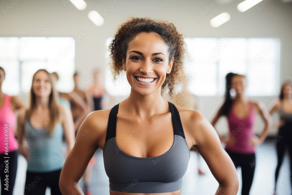 A woman fitness instructor grins in a gymnasium filled with active individuals