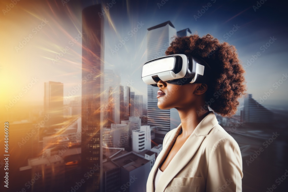 Dark-skinned girl businessman in virtual reality glasses Against the background of the city Dark-skinned girl businessman in virtual reality glasses Against the background of the city