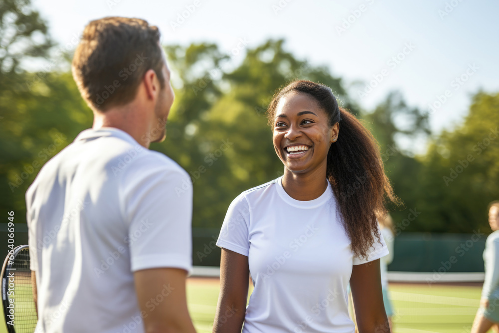 Satisfied smiling African American woman in a white T-shirt on the tennis court