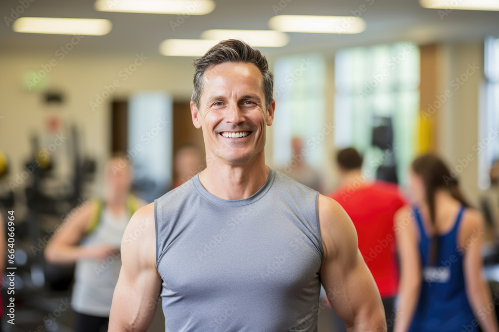 A male fitness trainer smiles amid the energetic vibe of a bustling gym